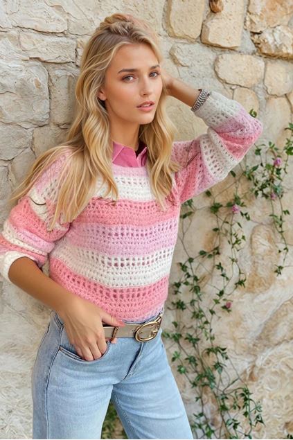 Afbeeldingen van Pull -Selected by My Wish -  AT8415 - Pink stripes