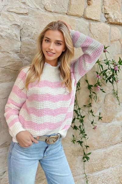 Afbeelding van Pull -Selected by My Wish -  AT8414- Pink  stripes  kol