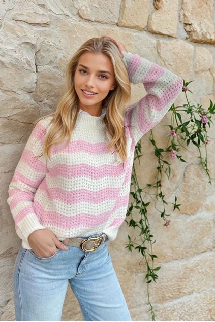 Afbeeldingen van Pull -Selected by My Wish -  AT8414- Pink  stripes  kol