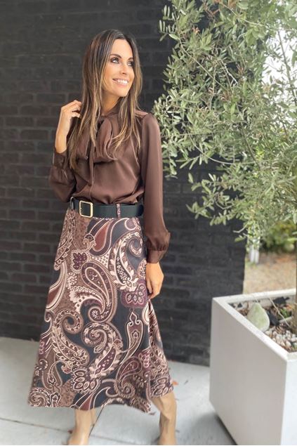Blouse - Terra di Siena - Satijn strik - Bruin