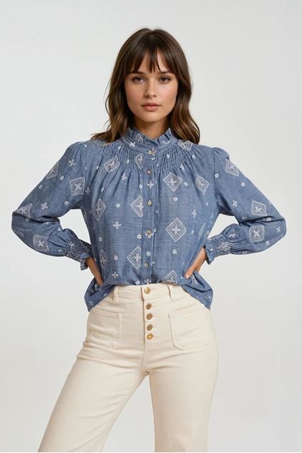 Picture of Blouse - Terra di Siena - Jeansblauw witte print